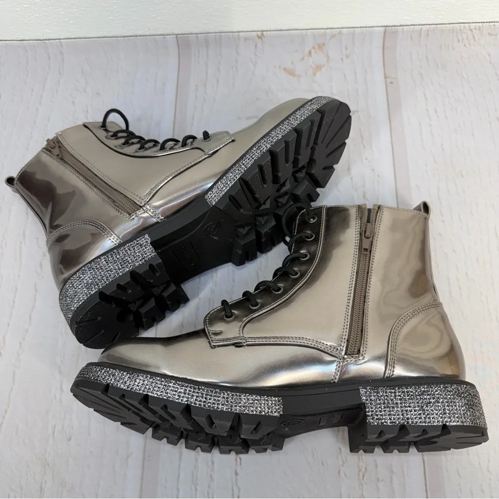 Steve Madden Jwoots Combat Boots Metallic Gunmetal Size 5‎
